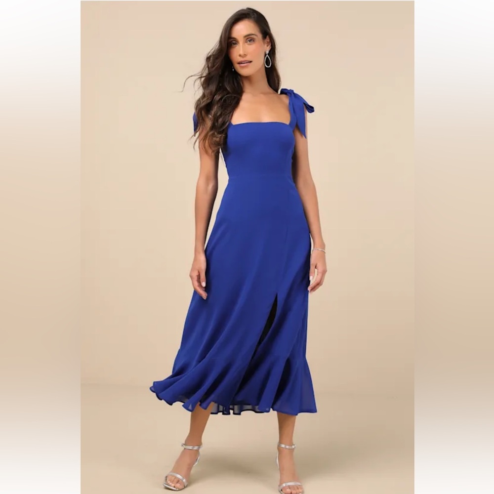 Lulus Summer invite royal Blue Tie-Shoulder tiered Midi Dress size L New # 3G